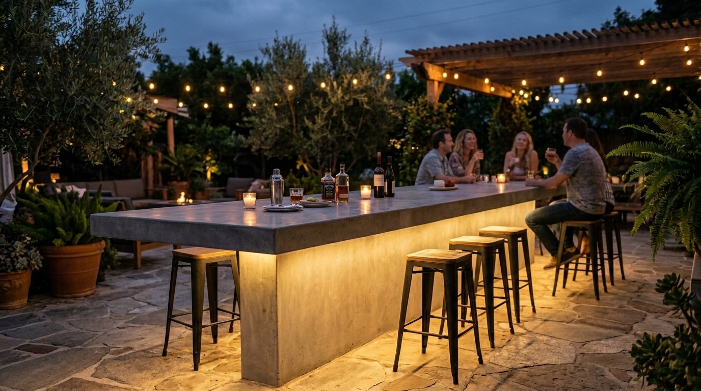 People socializing at a modern stone patio bar illuminated by warm LED lights under strings of hanging bulbs.