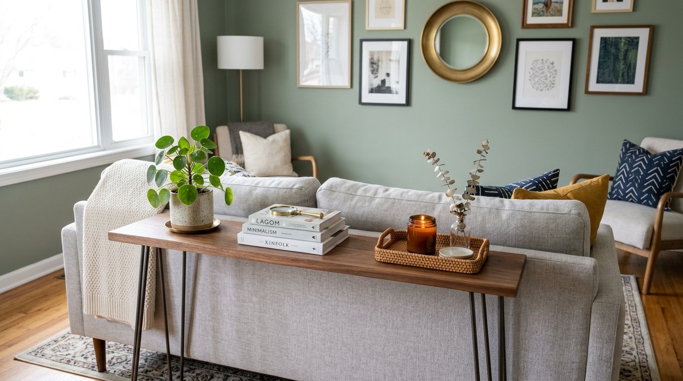 A wooden console table with hairpin legs sits behind a light grey sofa decorated with books, a plant, and a candle.
