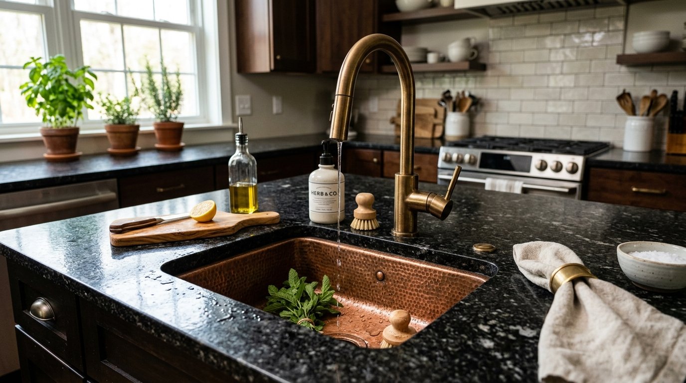 Water pouring from a bronze faucet into a hammered copper sink filled with fresh mint herbs.