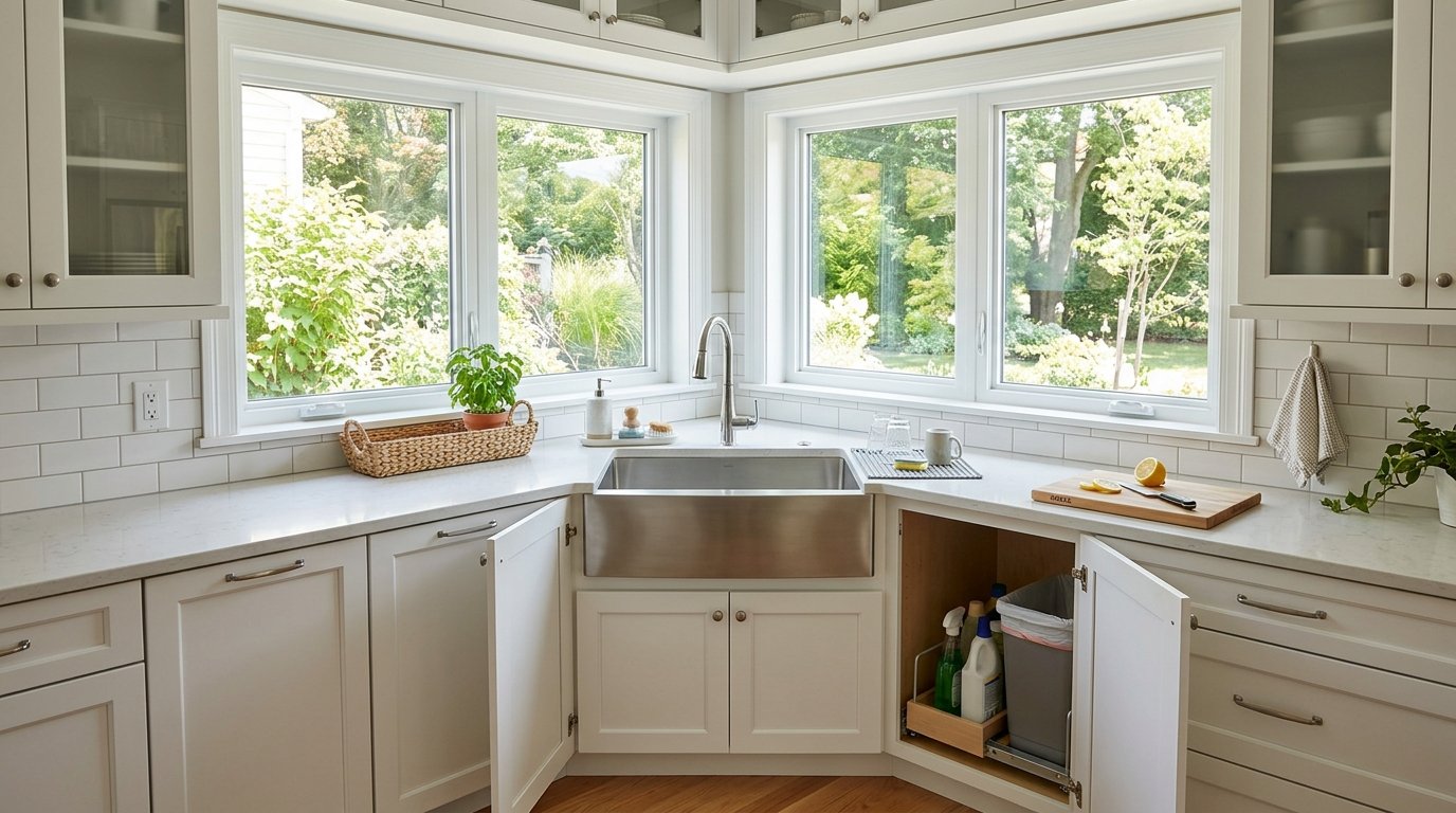 White cabinets with an open cupboard revealing a trash bin under a sunny kitchen sink window.
