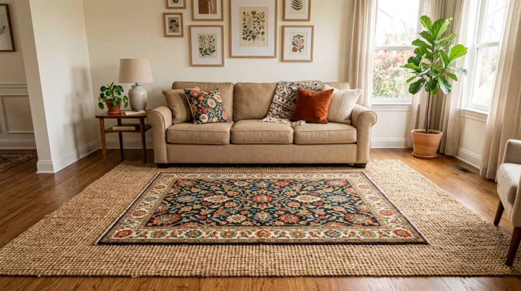 A warm and inviting cottage core living room featuring vintage decor and soft textiles.