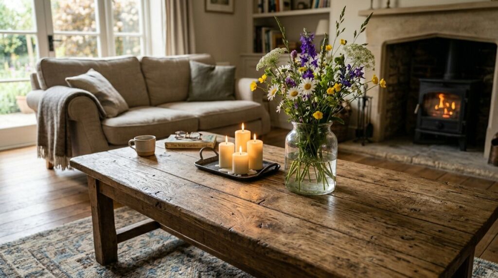 A sunlit cottage core living room featuring vintage furniture, floral textiles, and abundant indoor plants.