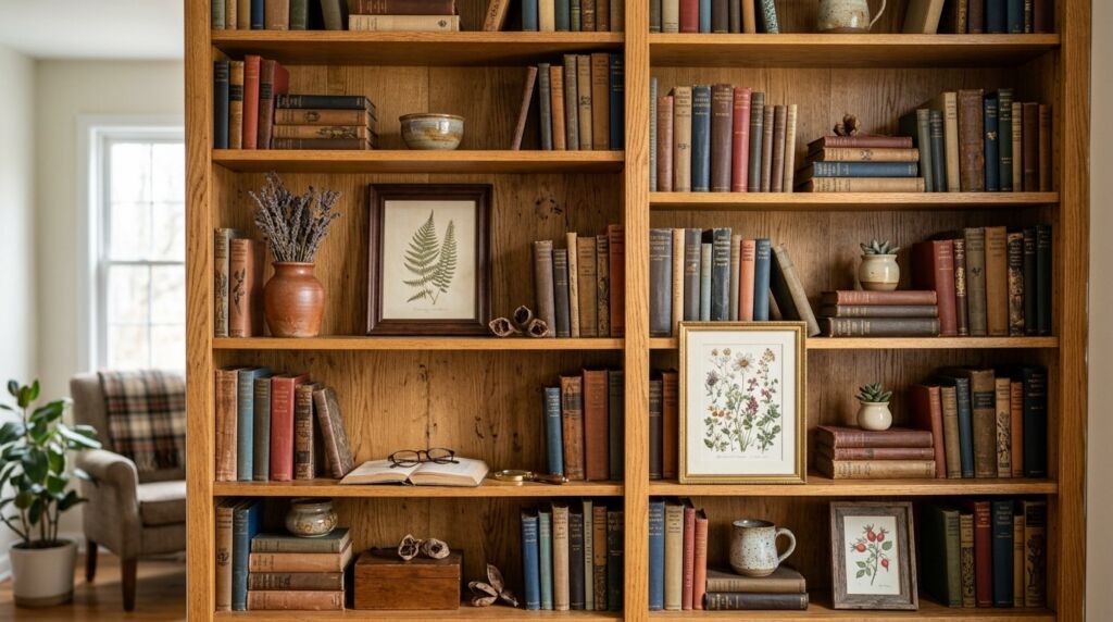 A sunlit cottage core living room featuring vintage decor, floral patterns, and soft natural textures.