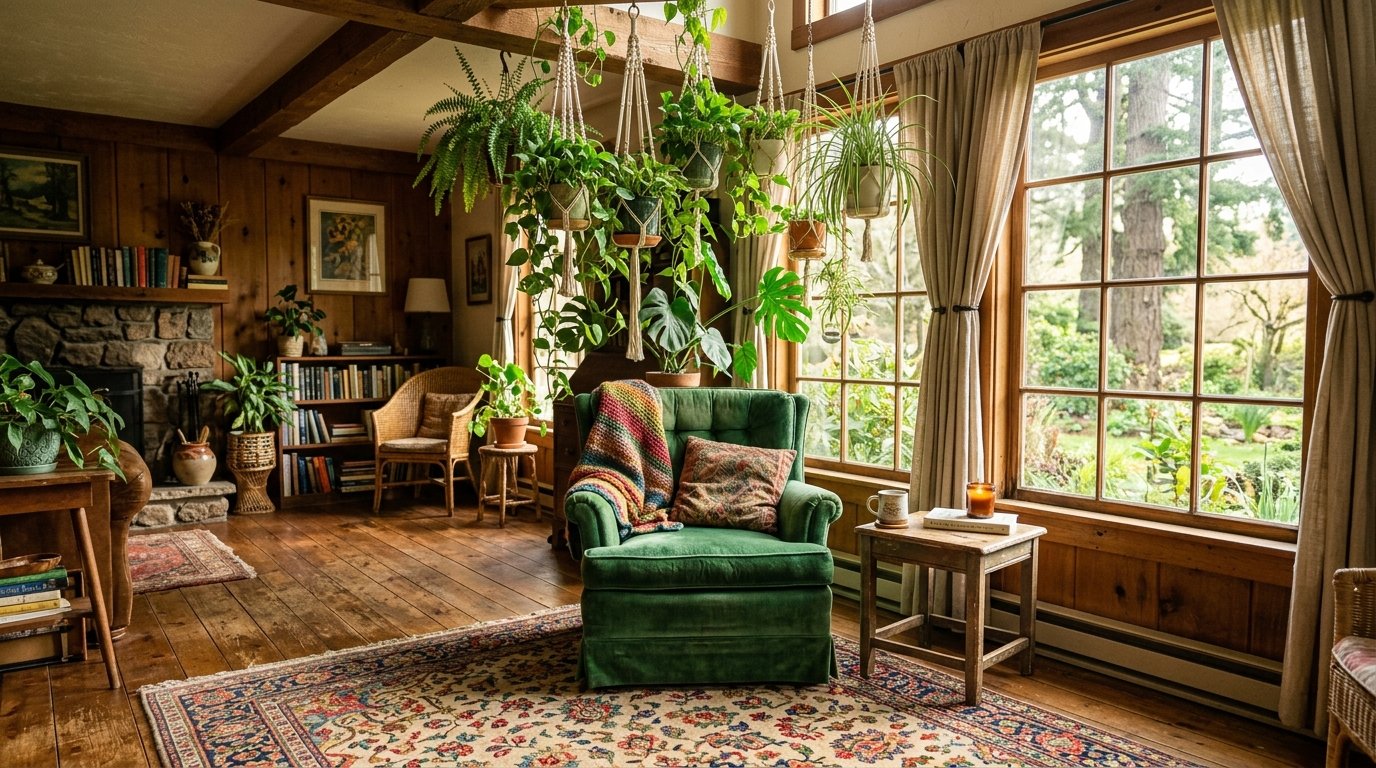 A warm and inviting cottage core style living room featuring vintage decor and soft natural lighting.