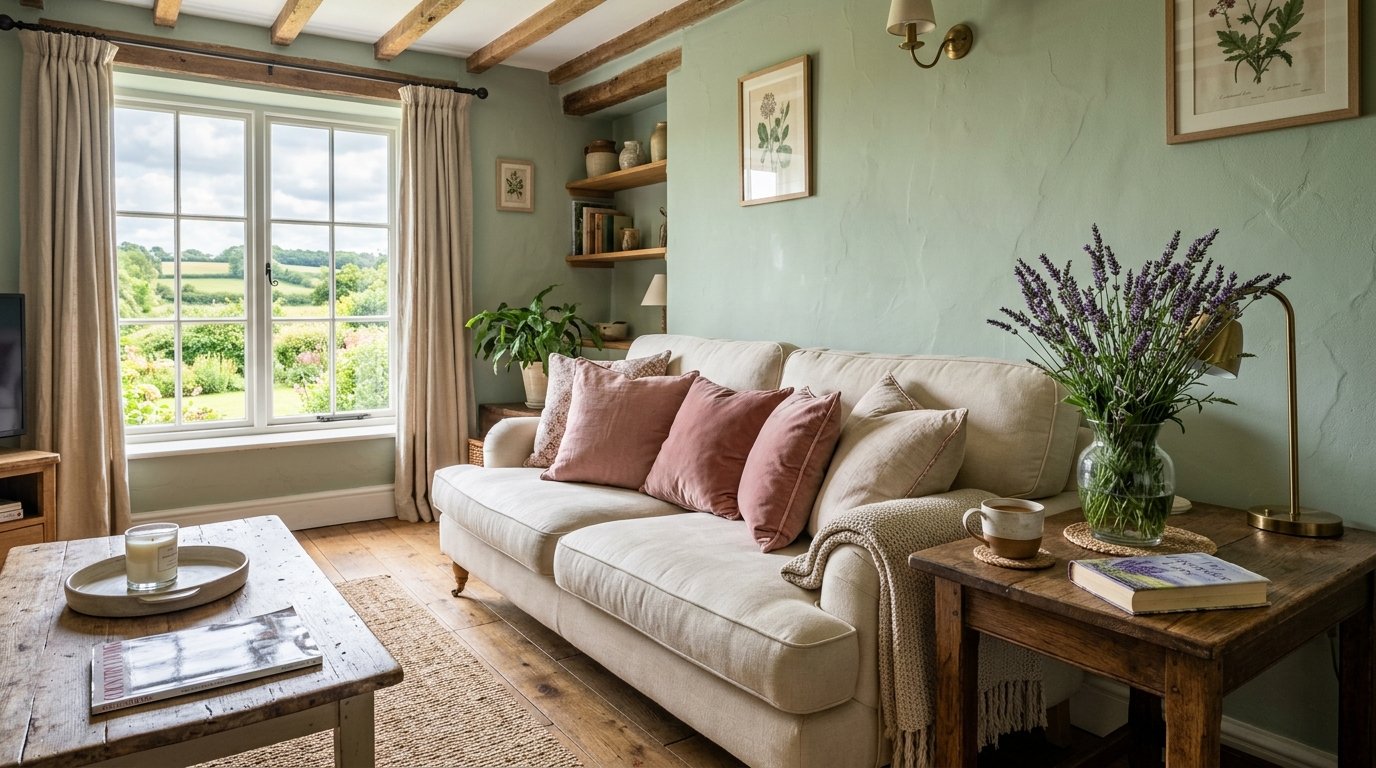 A rustic interior with a beige couch, pink cushions, lavender bouquet, and a view of a lush garden through the window.