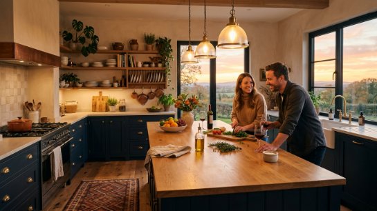 Man and woman laughing together by a wooden island in a dark blue kitchen with sunset views.