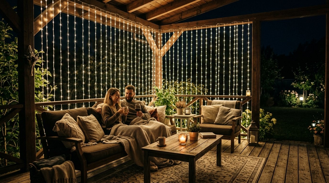 Man and woman sitting on an outdoor sofa under a bright curtain of fairy lights at night.