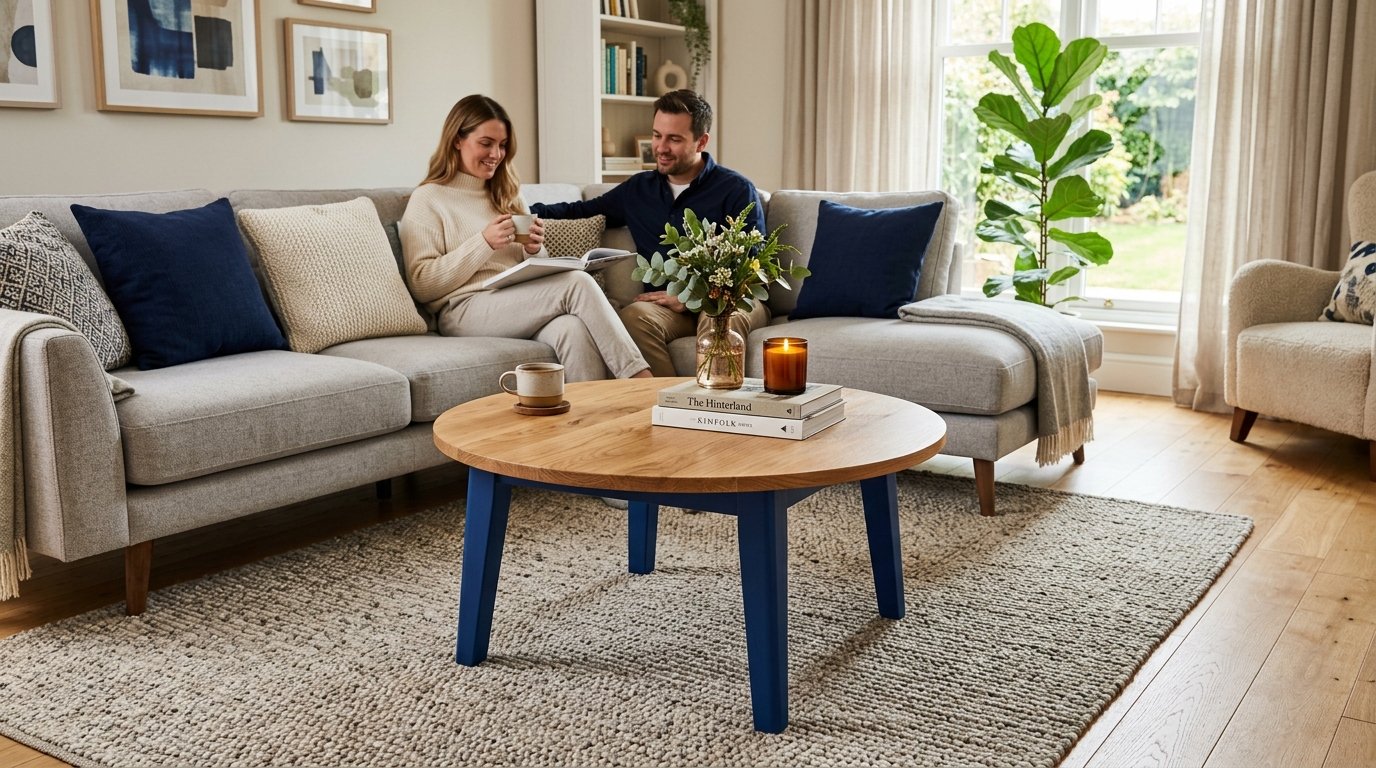 Man and woman sitting on a light grey sectional sofa with navy blue throw pillows in a cozy living room.