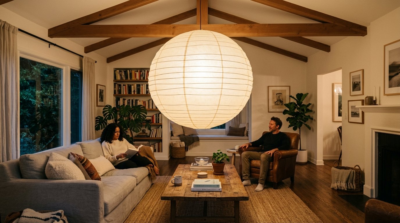 A woman reading on a grey sofa and a man sitting in a leather chair beneath a large round paper pendant lamp.