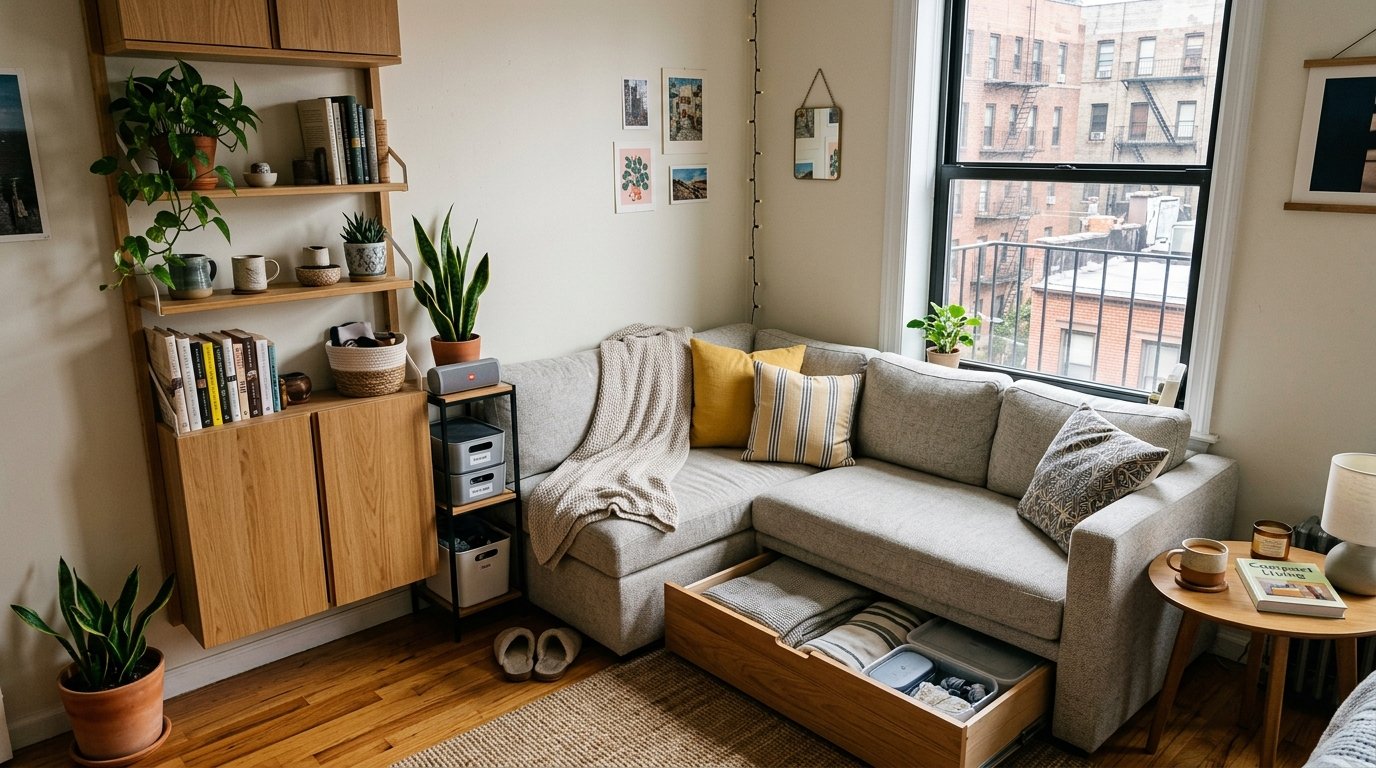 Grey L-shaped couch with storage drawer open, wooden shelving unit, and plants in a brightly lit apartment room.