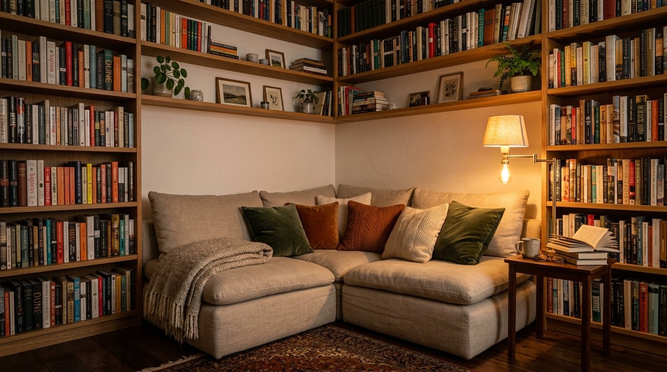 A beige modular couch filled with colorful throw pillows inside a quiet reading area with floor-to-ceiling bookshelves.