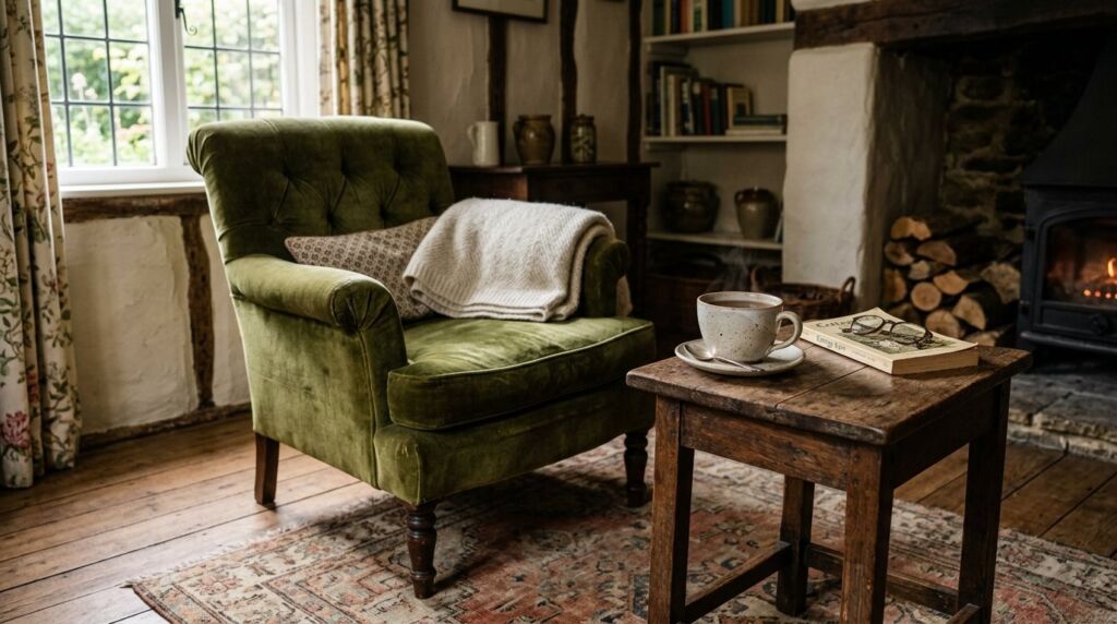 A warm and inviting cottage core living room featuring vintage decor, soft textiles, and rustic wooden accents.