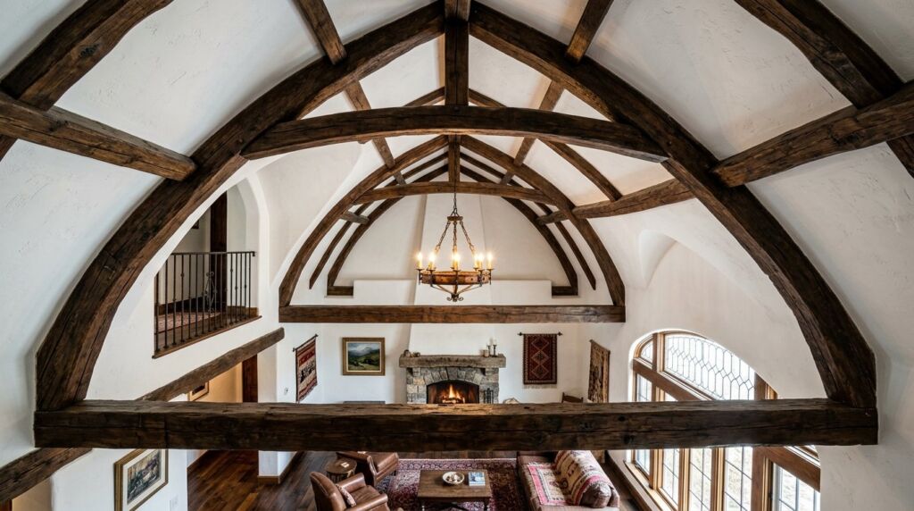A charming cottage core living room featuring vintage furniture, floral textiles, and warm ambient lighting.