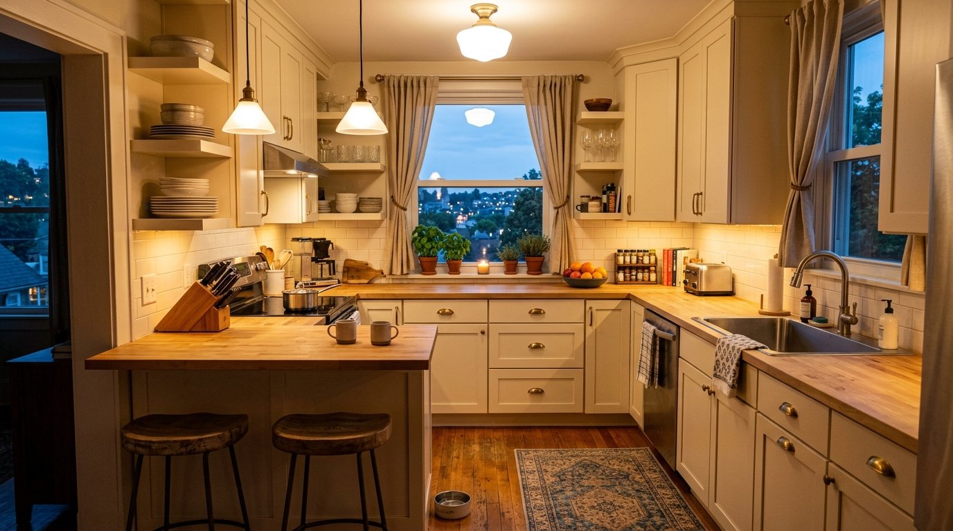 Bright kitchen with white cabinets, wood counters, two bar stools, and a window overlooking a town at twilight.