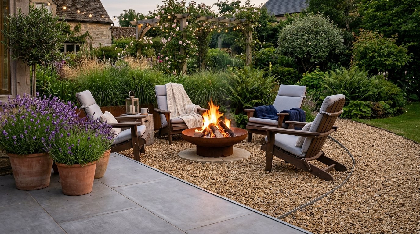Wooden chairs with cushions arranged around a metal fire bowl on a gravel garden patio.