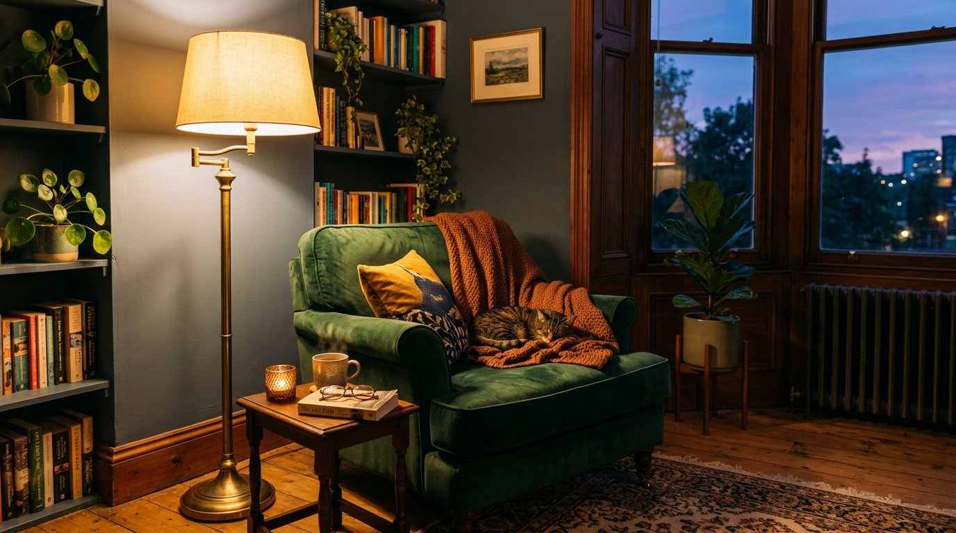 Tabby cat napping on a velvet chair next to a floor lamp, bookshelves, and a window at twilight.