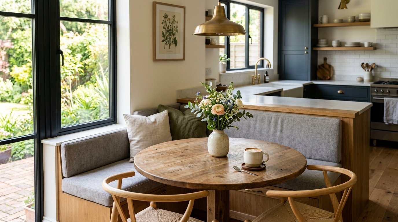 Round wooden table with a flower vase and coffee mug next to a gray built-in banquette seating area.
