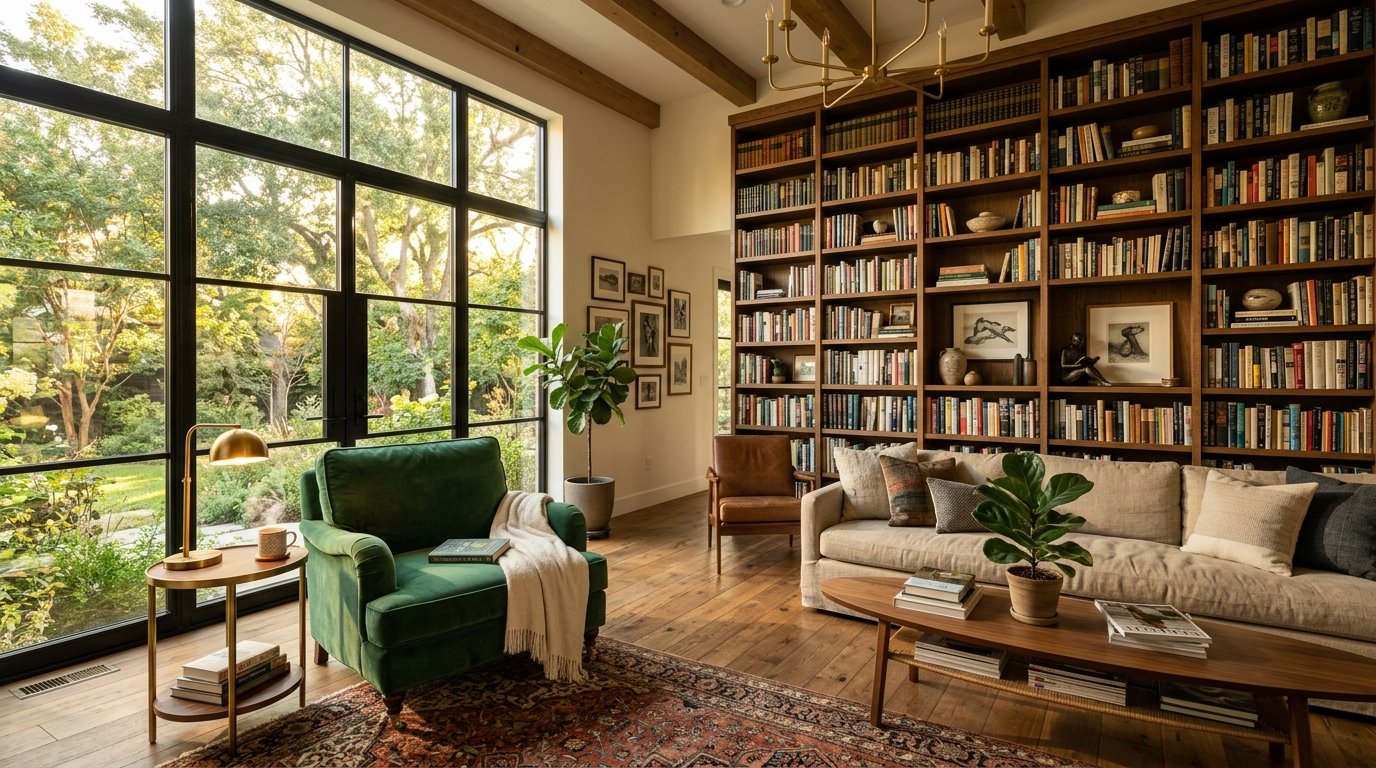 A luxurious home library with a tall wooden bookcase, green armchair, and a sofa overlooking a garden through large windows.