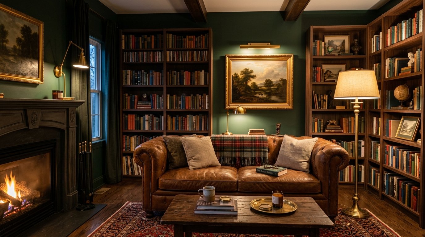 Vintage leather couch centered in a dark green library room with floor-to-ceiling bookshelves and a lit fireplace.