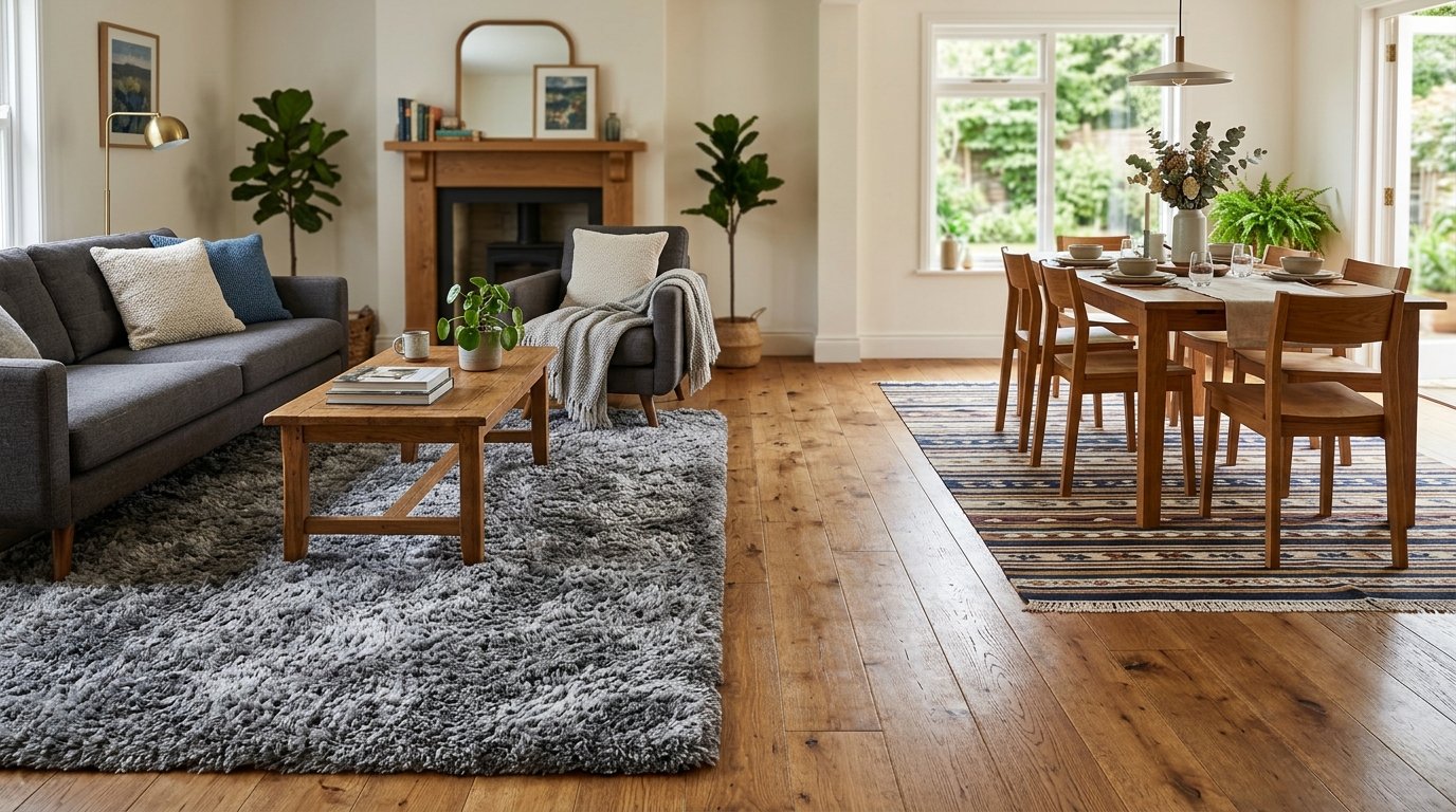 Spacious interior with hardwood floors, a plush grey area rug, and a wooden dining set.