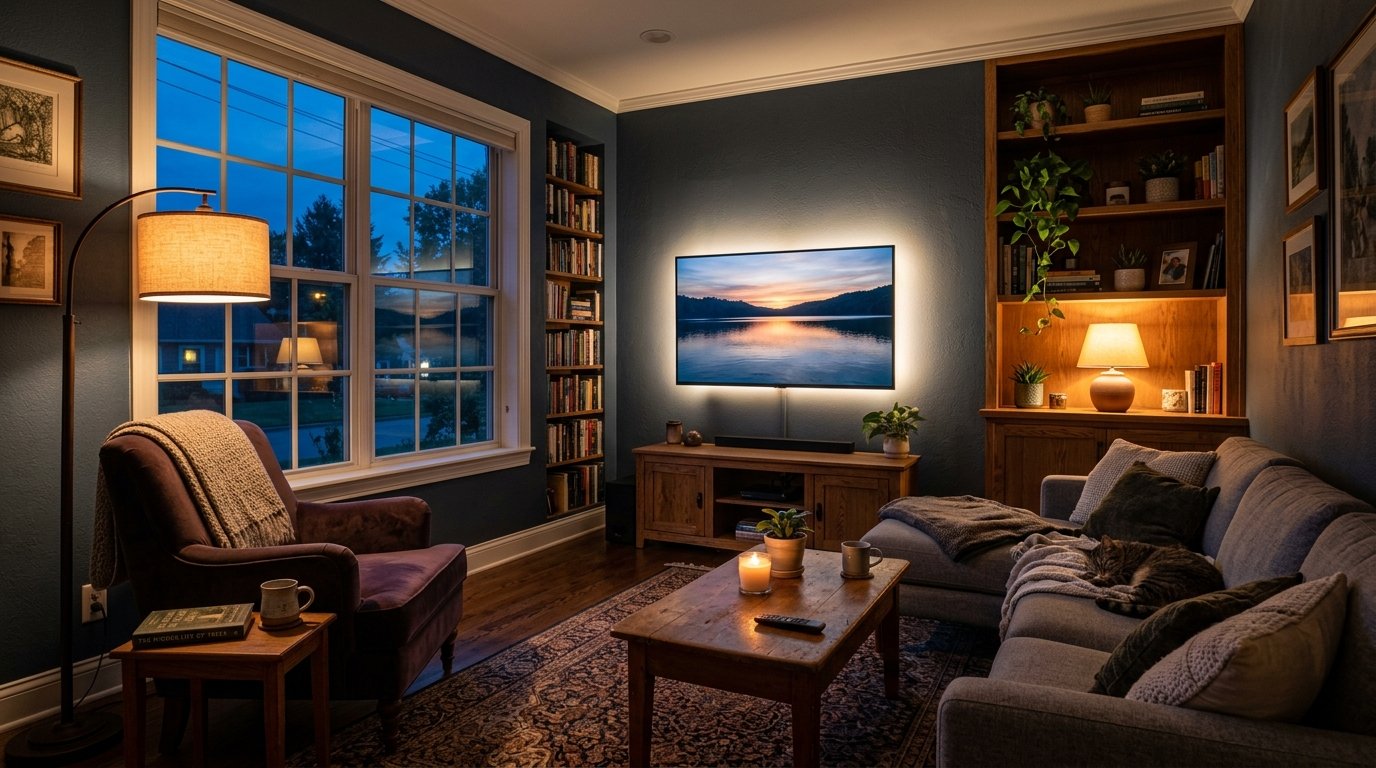A dimly lit home interior with a cat sleeping on a grey sofa, a TV displaying a sunset, and a bookshelf at dusk.