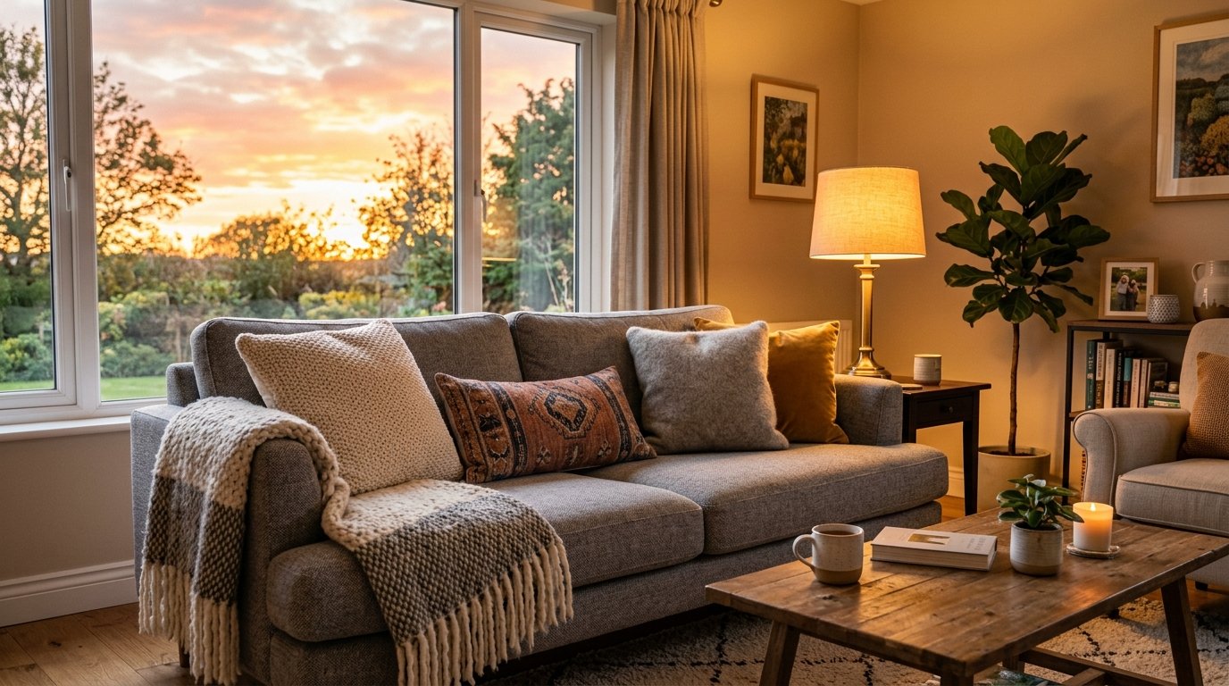 Living room featuring a grey couch with textured pillows, warm lamps, and a wooden coffee table at golden hour.