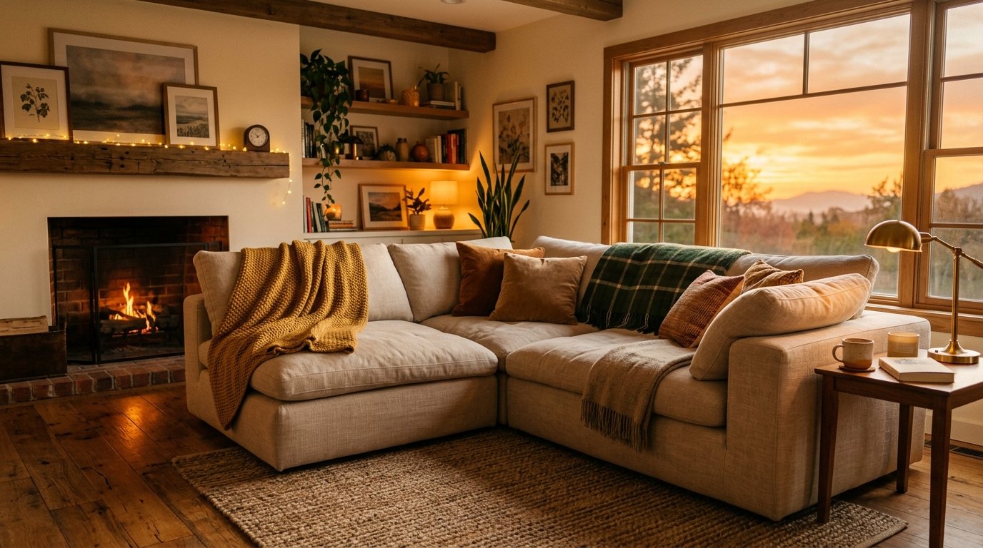 Sectional sofa with knit blankets near a fireplace and large windows overlooking a golden evening landscape.