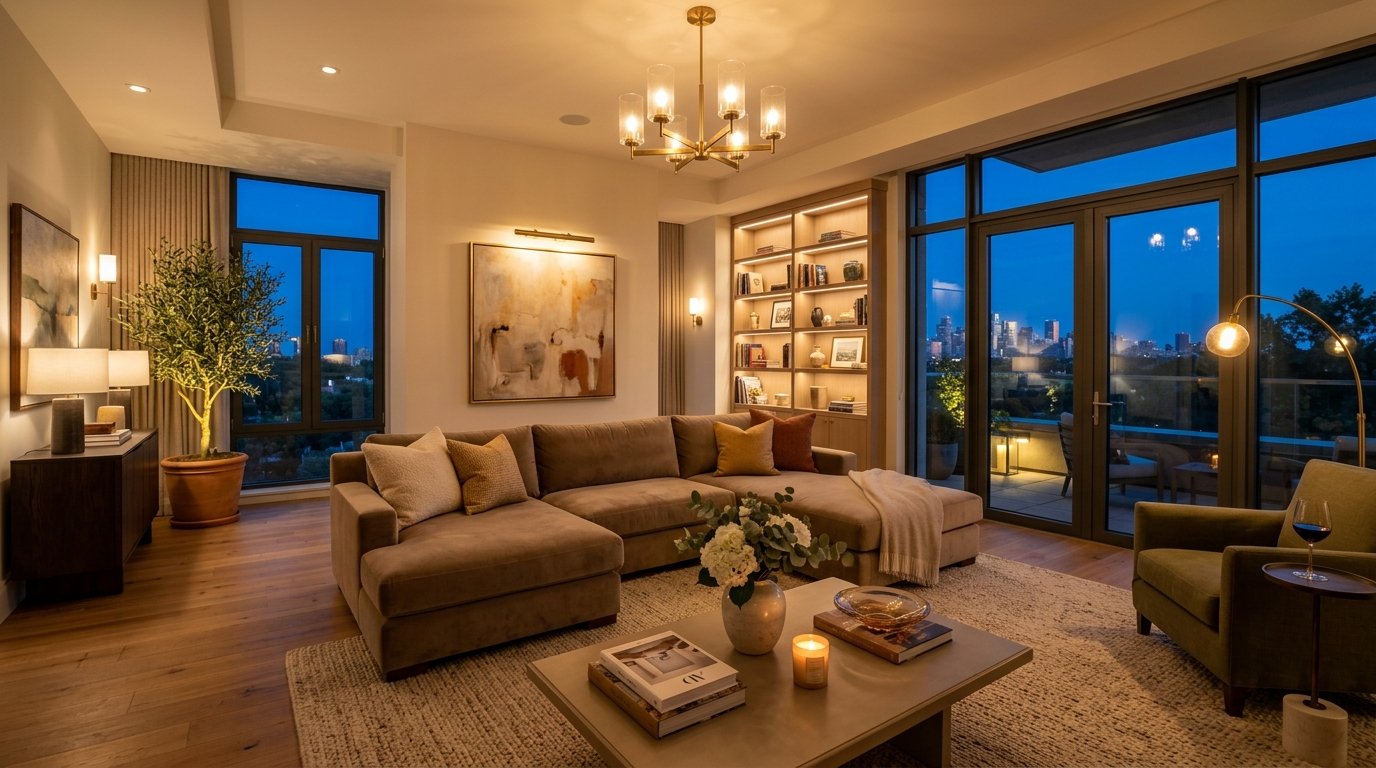 Spacious living room at dusk with a sectional sofa, ambient lighting, built-in bookshelves, and large terrace windows.