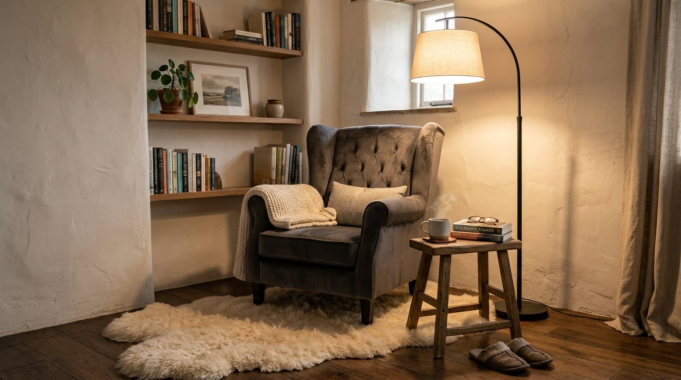 Grey tufted armchair in a cozy corner with a bookshelf, wool rug, and a steaming cup of tea.
