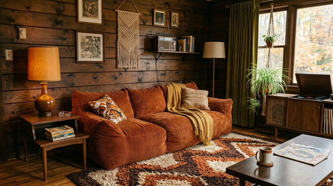Plush rust-colored corduroy sofa with a yellow throw blanket inside a rustic wood paneled cabin living room.