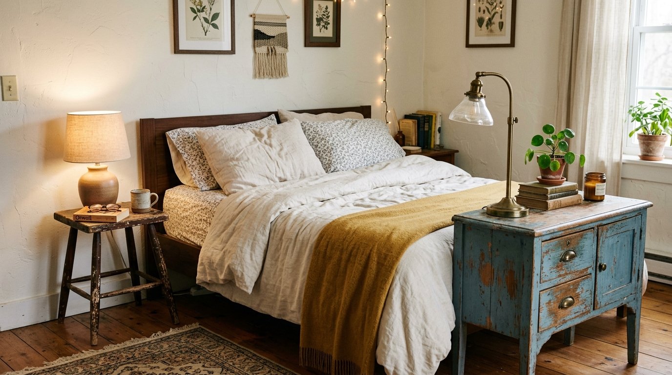 Cozy bedroom with a wooden bed, mustard throw, and distressed blue nightstand illuminated by soft lamp lighting.