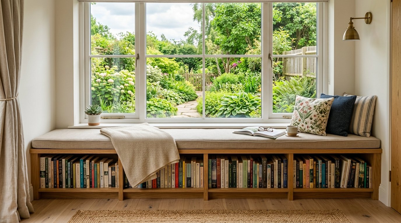 Built-in wooden window seat featuring shelves filled with books and a scenic garden view.