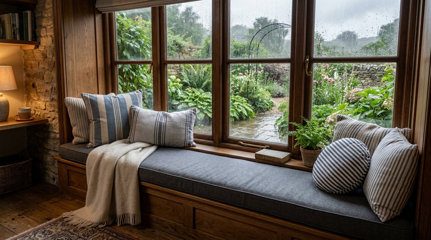 Plush grey cushions and striped pillows arranged on a wooden window nook during a rainstorm.