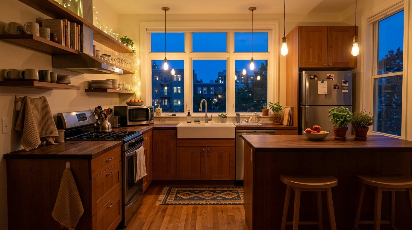 A rustic kitchen with wood counters, open shelving, and island seating illuminated by hanging pendant lights at twilight.