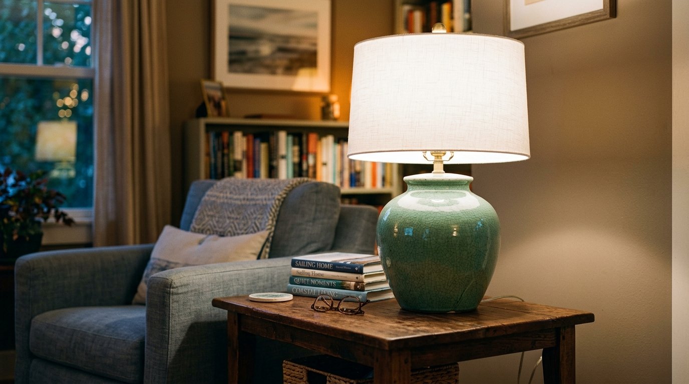 Close up of a teal lamp with a crackled texture on a table next to a blue armchair.