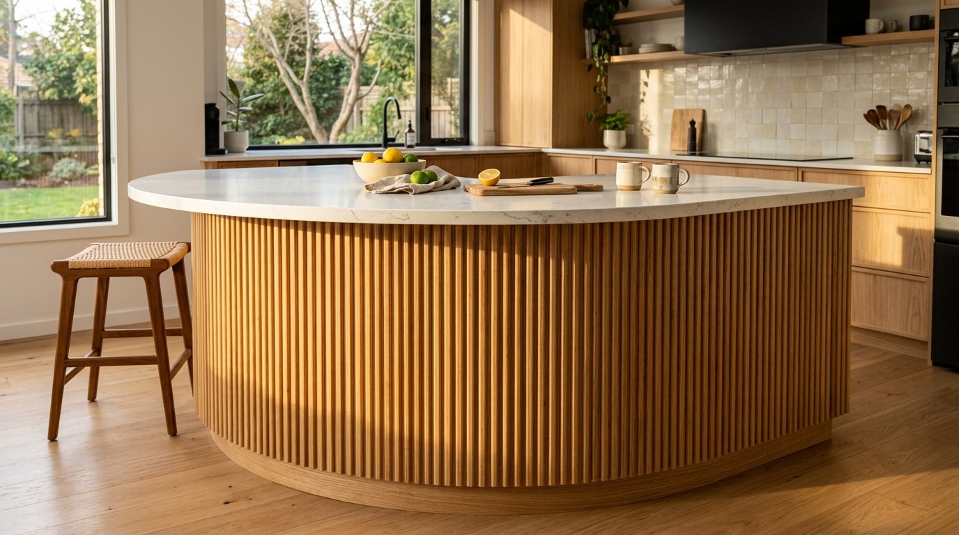 Round wooden island with vertical slats and a white marble countertop in a bright kitchen.