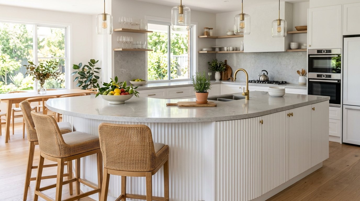 Round white kitchen island with fluted cabinetry and wicker bar stools in a contemporary home.