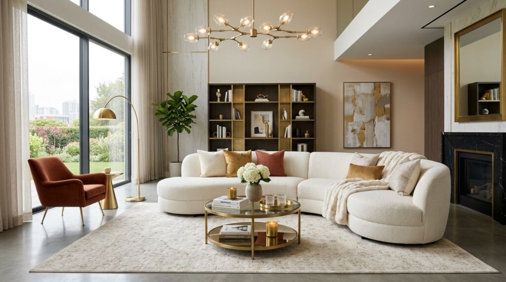 A stylish curved white sectional sofa centerpiece in a bright modern family living room.