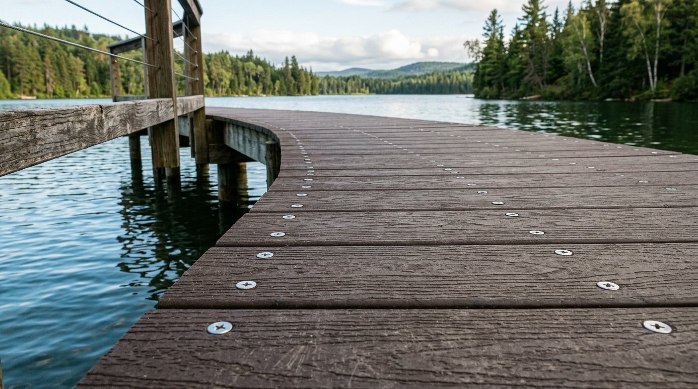 Close up of textured brown deck planks with silver screws lining a curved path over rippling water.