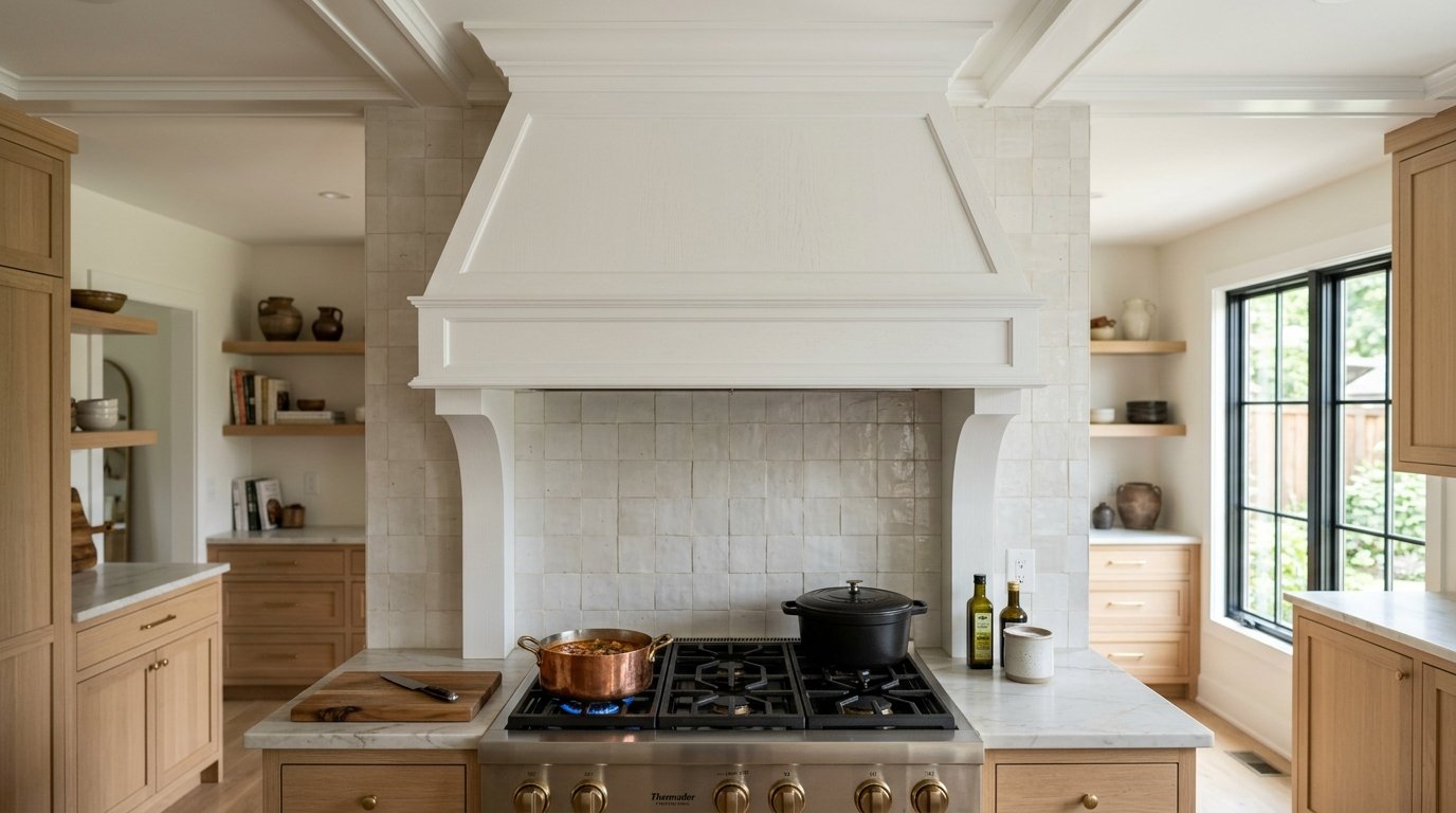 Copper pot cooking on a gas range under a bespoke white vent hood in a bright wood kitchen.