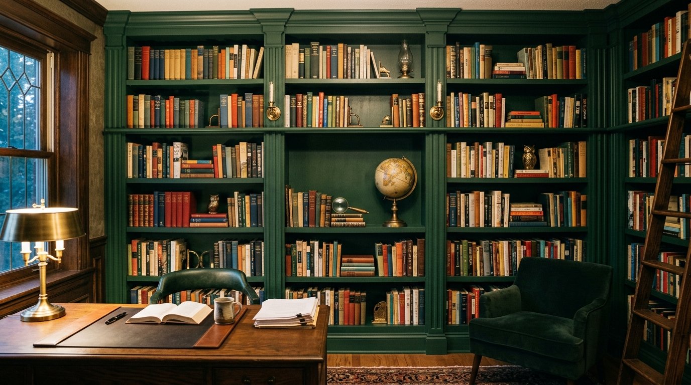 An elegant study room with a wooden desk, a brass lamp, and walls lined with fully stocked dark green bookcases.