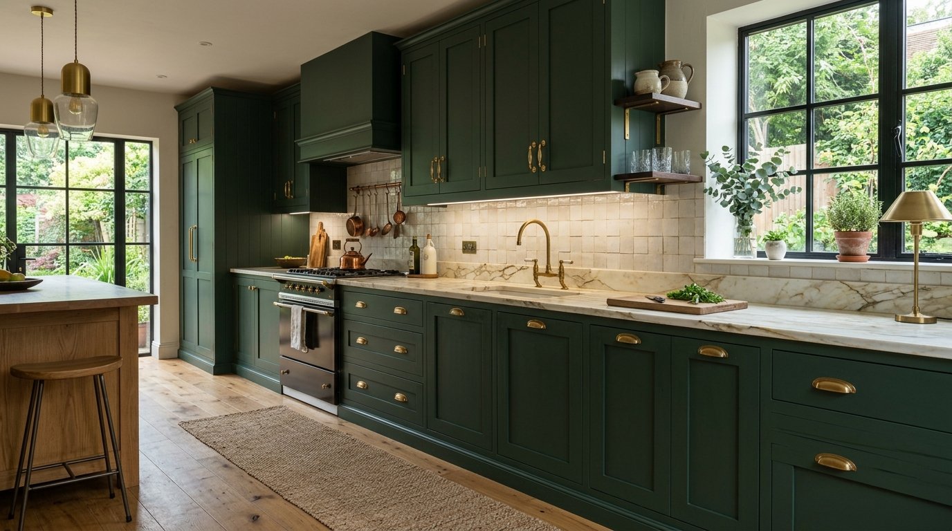 A modern kitchen featuring matte dark green cabinets, white marble countertops, and a brass faucet.