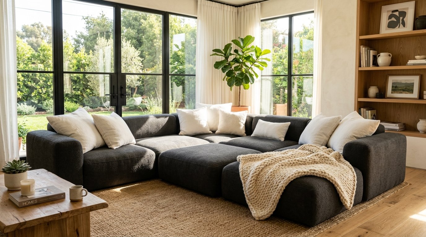 Dark grey modular couch with white cushions and a chunky knit throw blanket in front of large black framed windows.