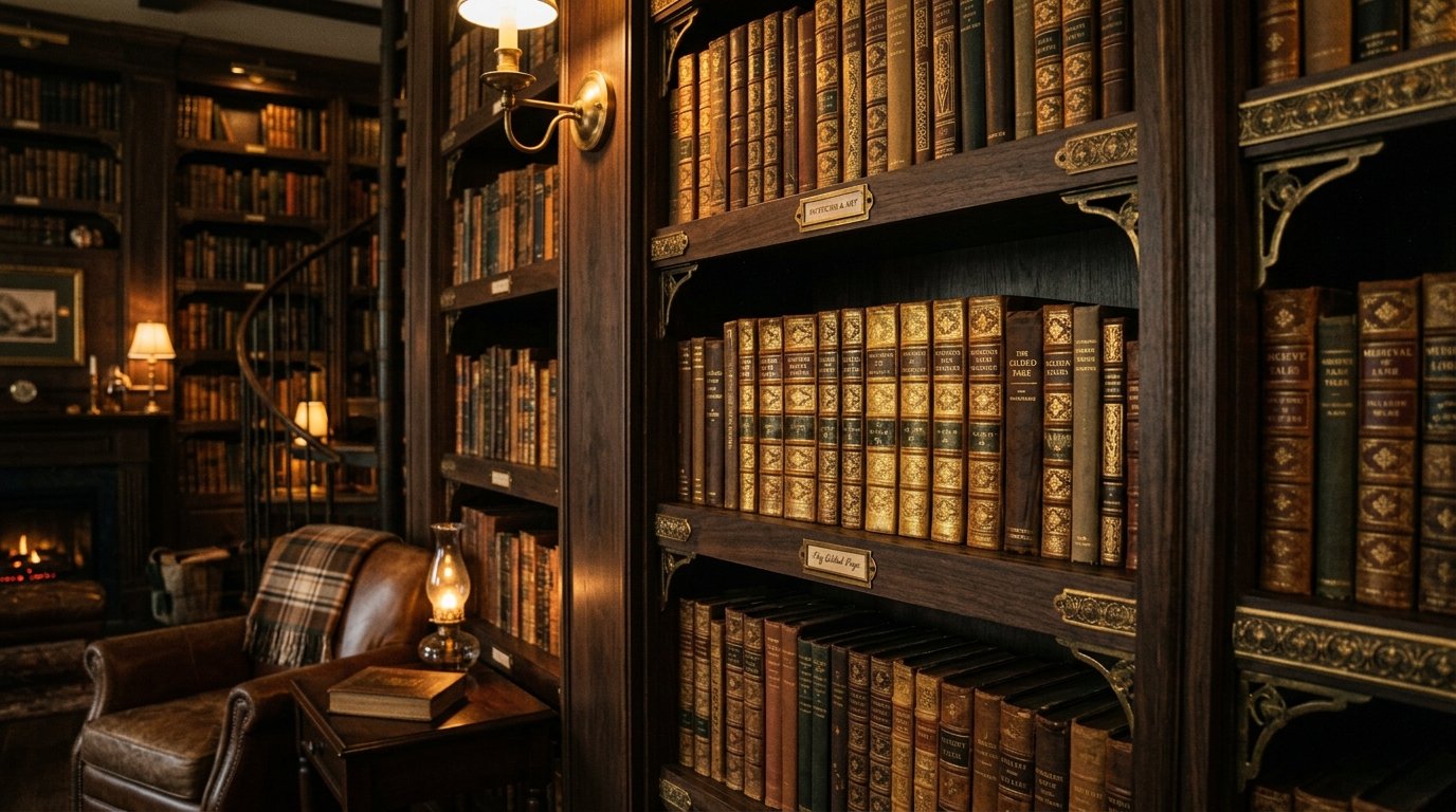 Close up of antique leather-bound books organized in a dimly lit study with warm ambient lighting.
