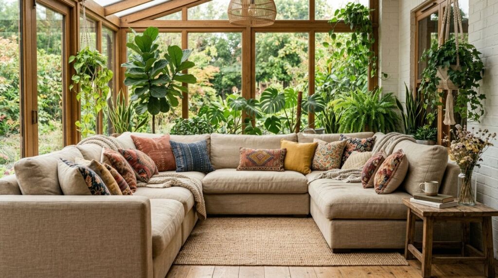 A plush deep-seated canvas sectional sofa in a bright and cozy family living room.