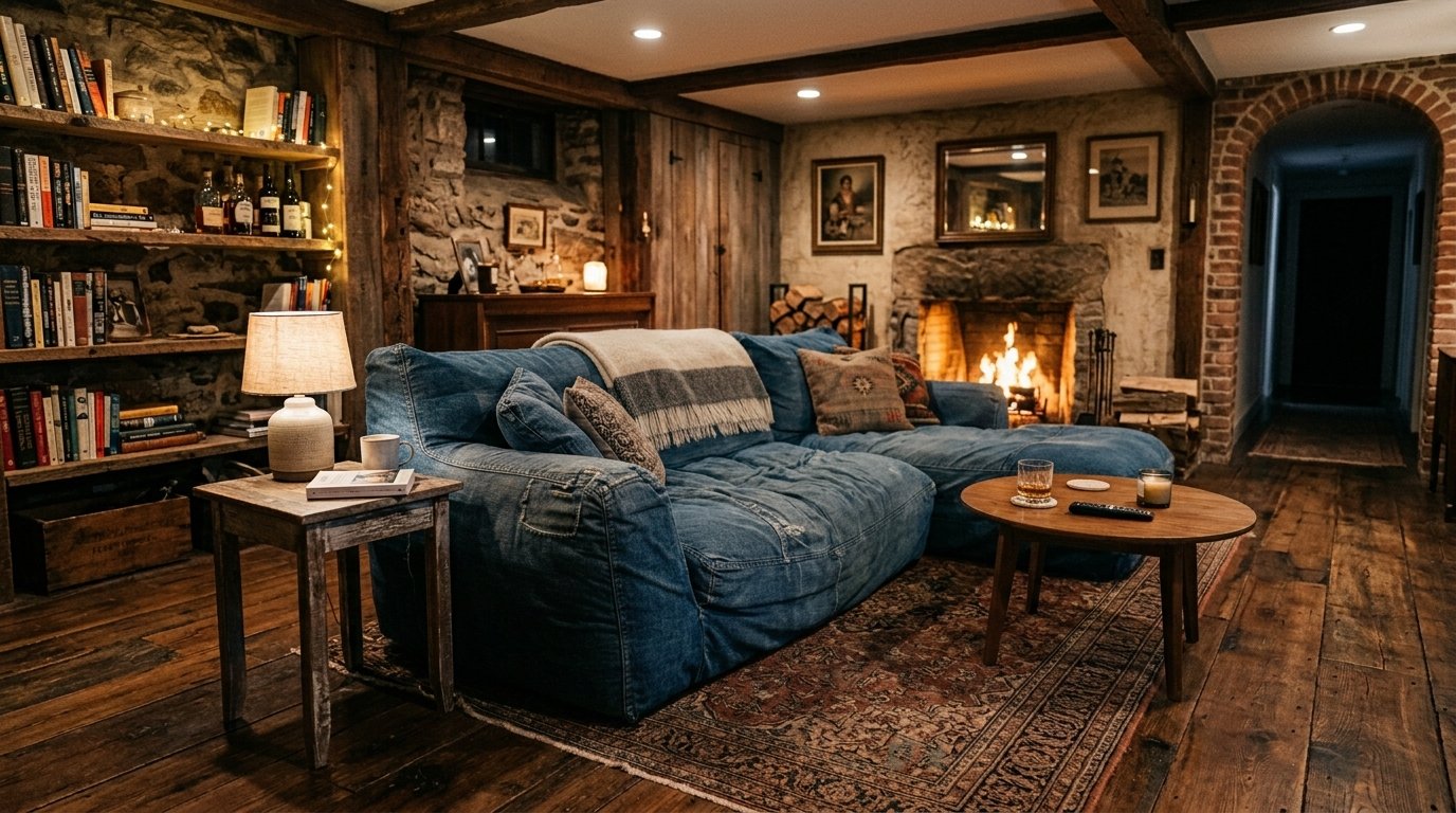 Plush blue denim sofa in a warm rustic room with a stone fireplace and bookshelf.
