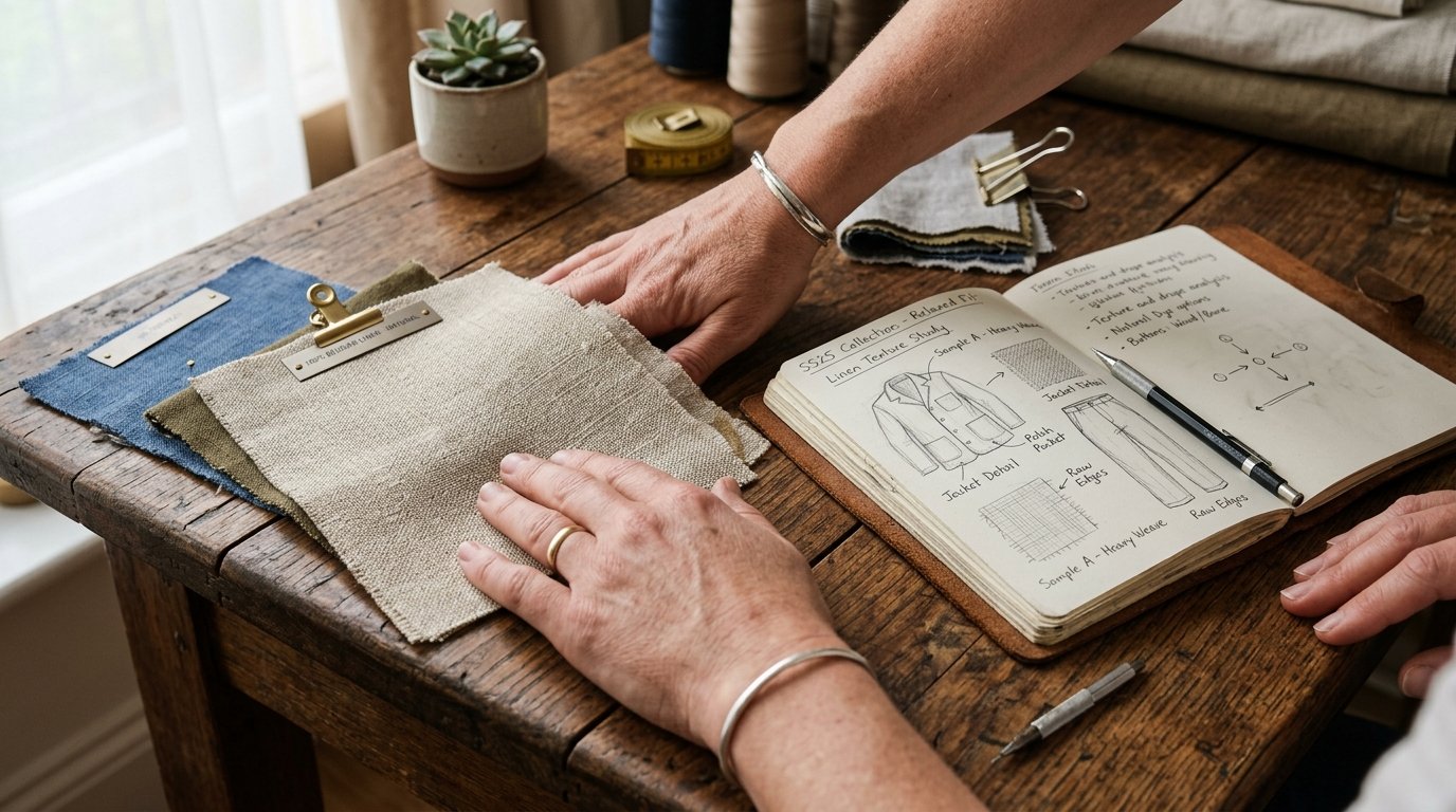 Close-up of a designer's hands touching fabric samples next to a sketchbook with hand-drawn clothing designs.