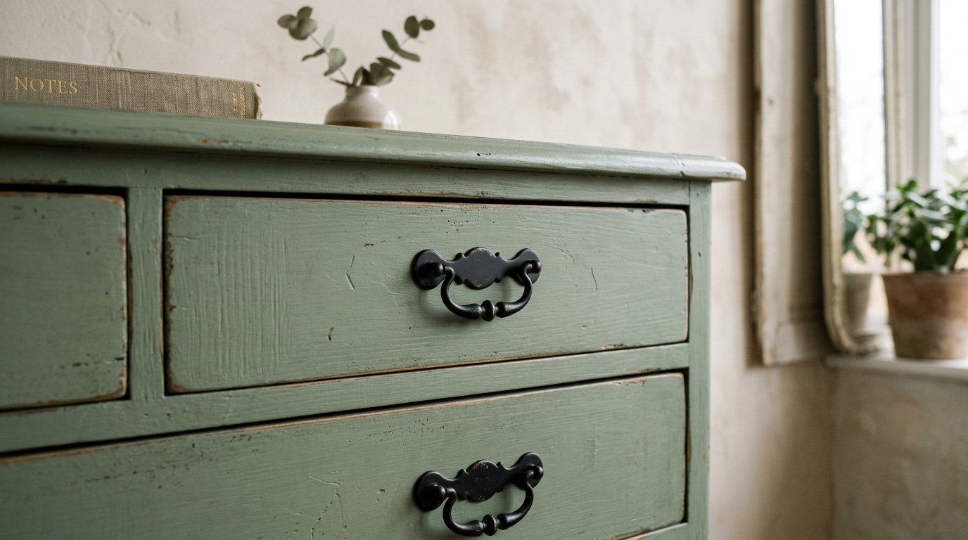 Close up of an antique sage green dresser featuring ornate black metal drawer pulls and weathered paint edges.