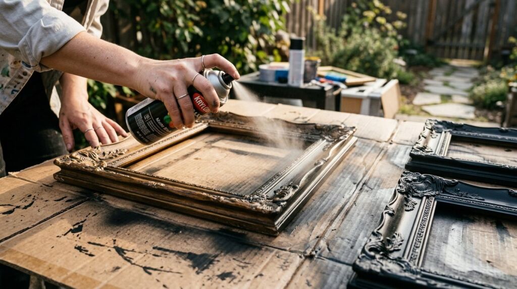 Close up of hands using spray paint to customize wooden frames for a gallery wall project