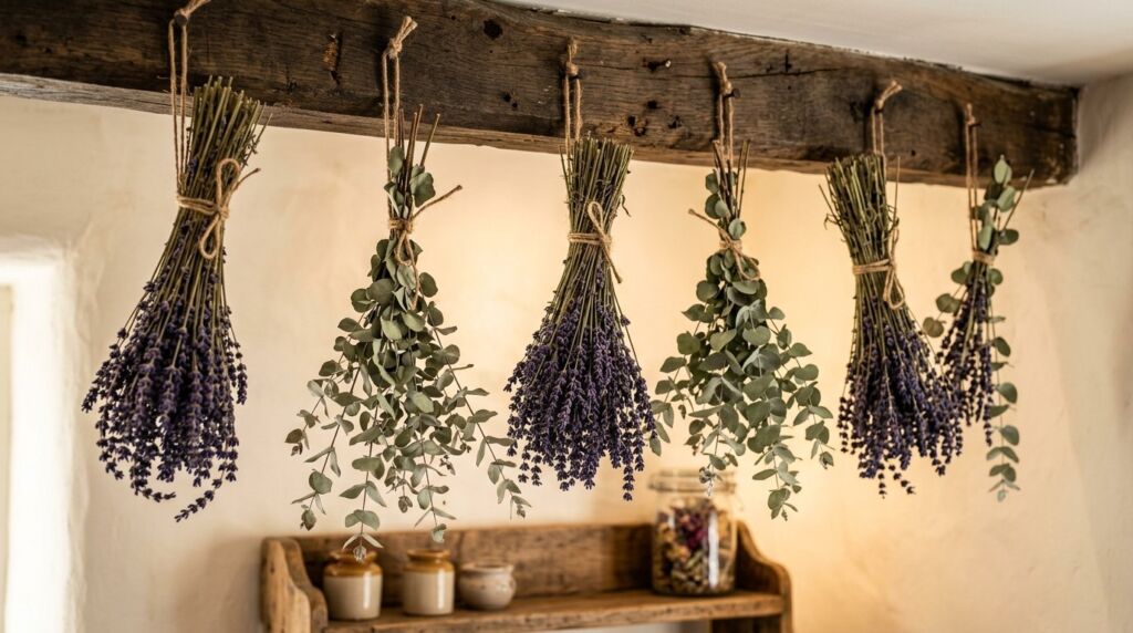 A rustic arrangement of dried lavender sprigs and eucalyptus leaves on a neutral background.